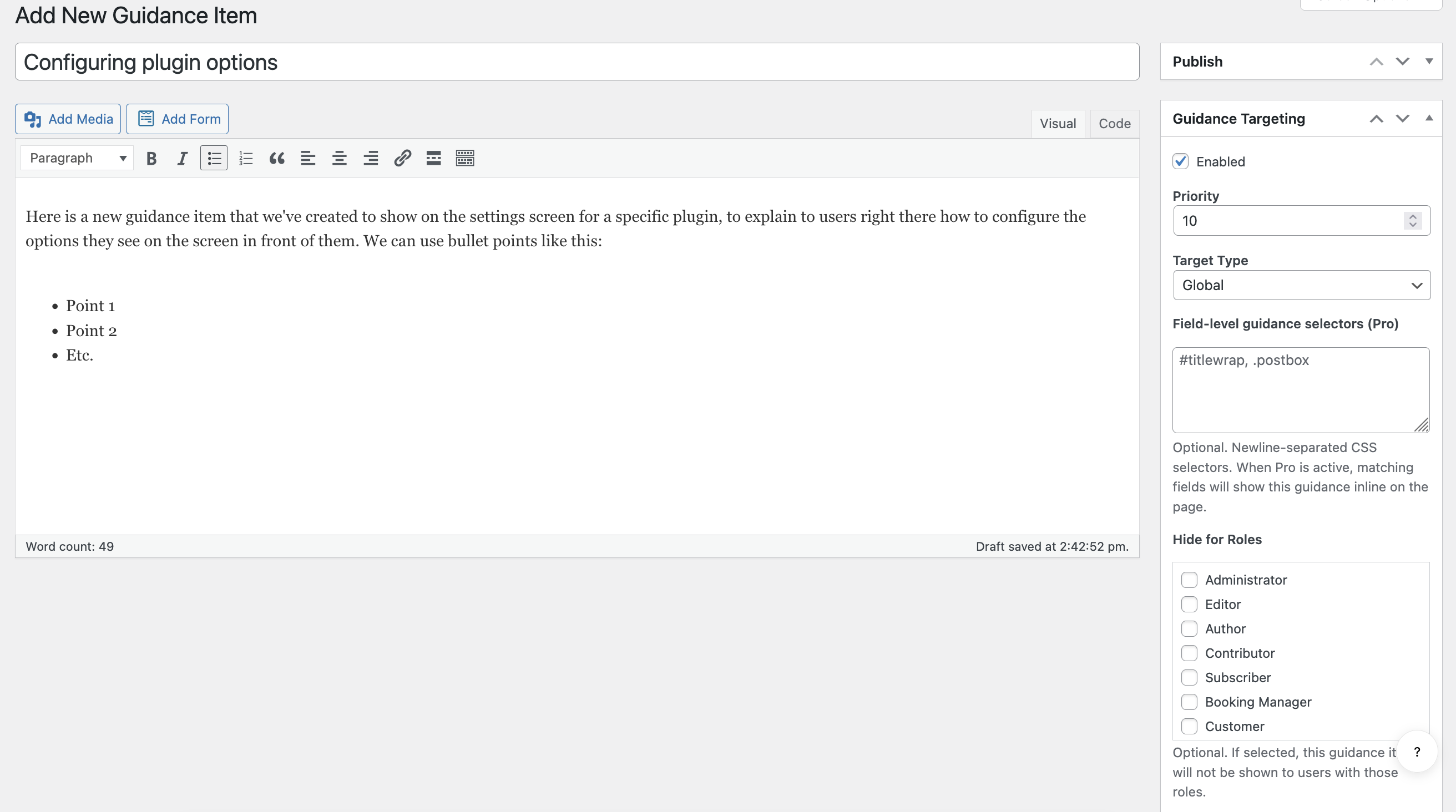 Screenshot of the add guidance screen