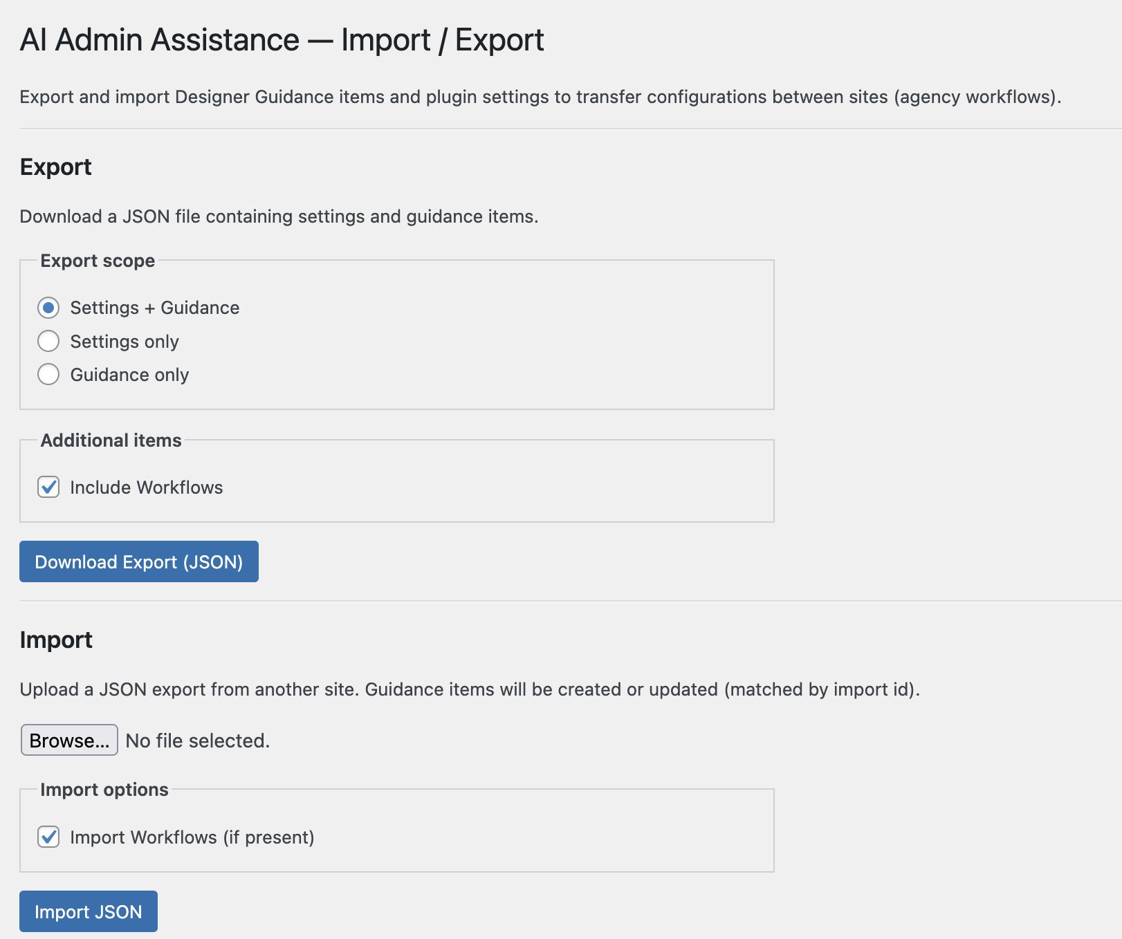 Screenshot of the import/export screen.