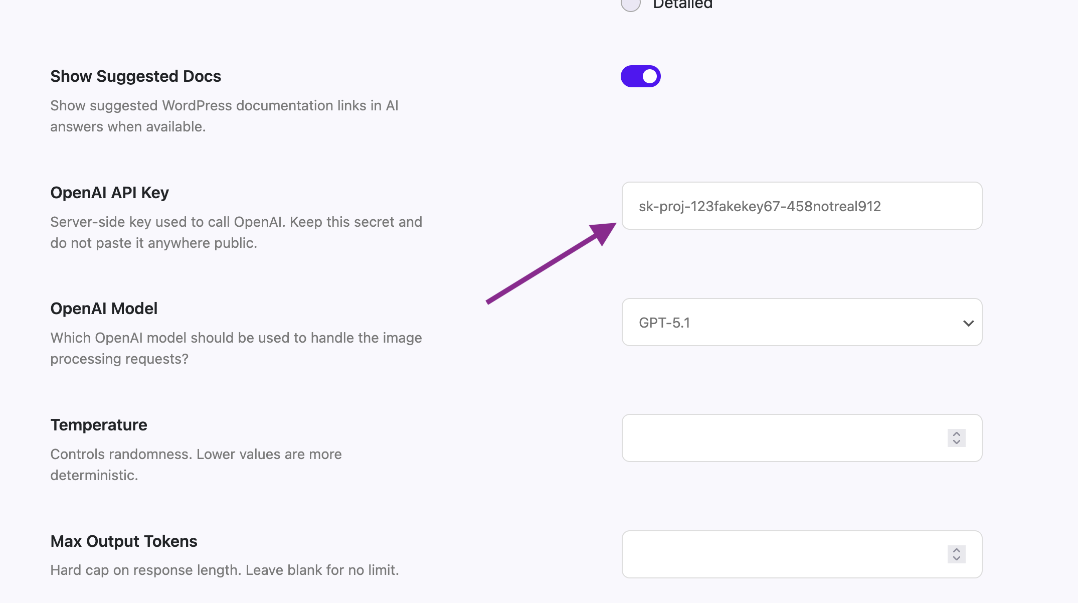 Screenshot of adding OpenAI key in plugin settings.