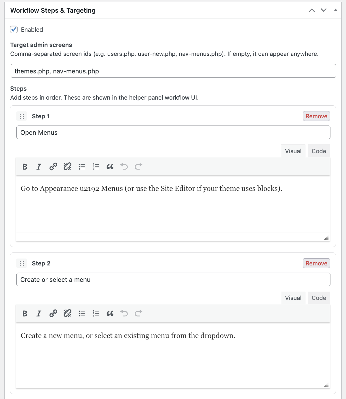 Screenshot of the add workflow screen steps area.