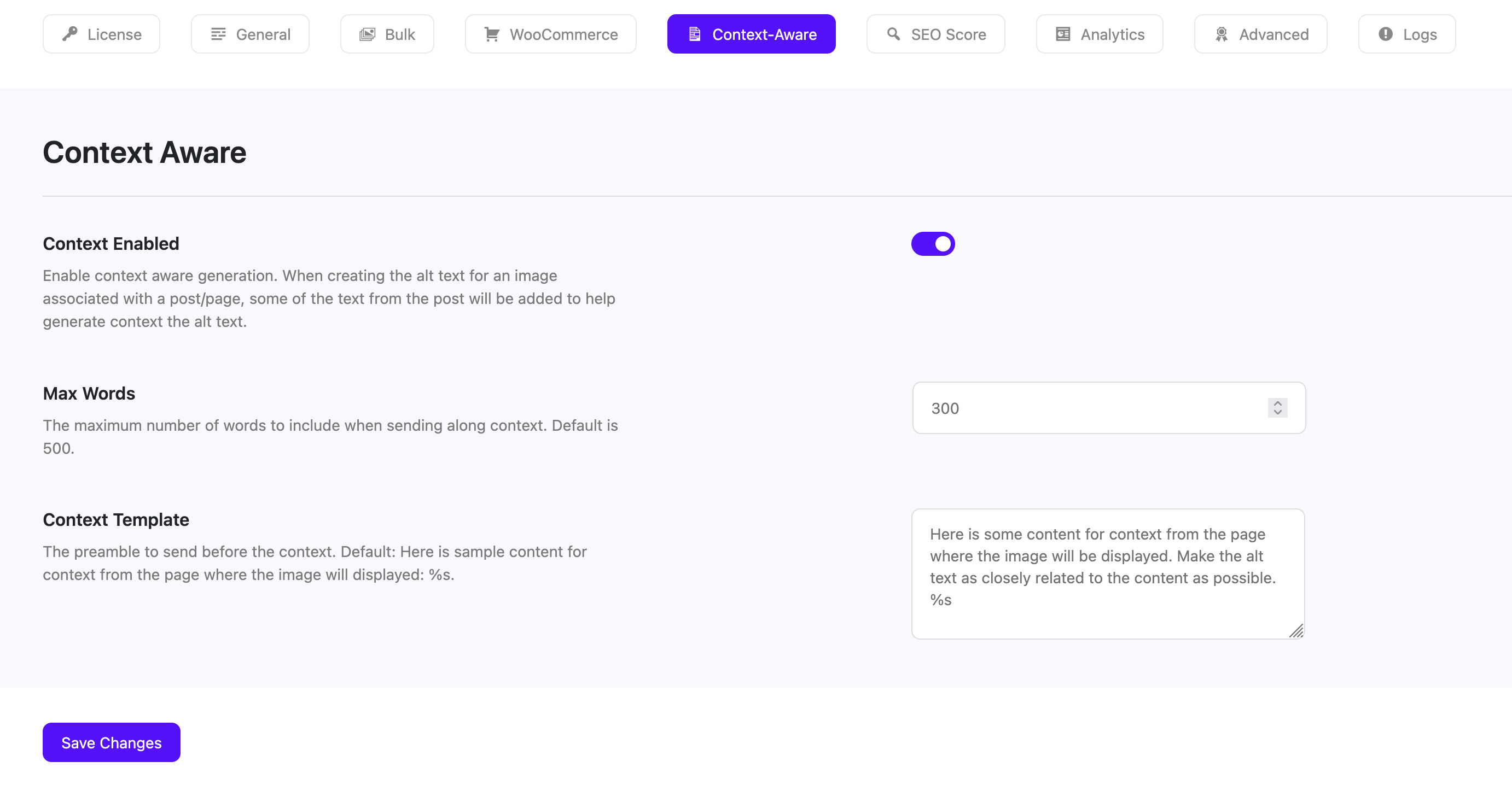 Screenshot of the context aware settings page