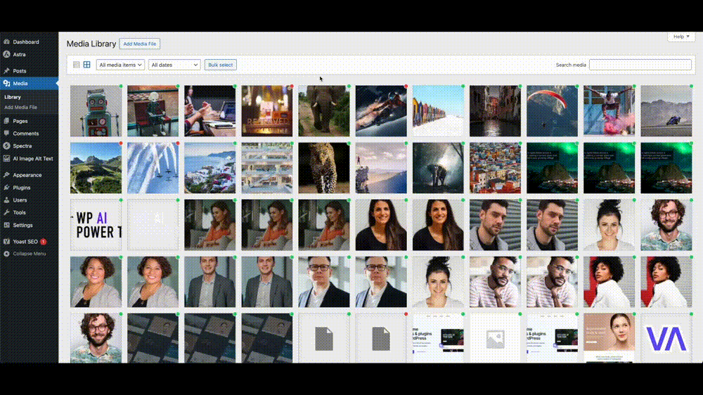 Gif of bulk generating alt text for multiple images in the media library