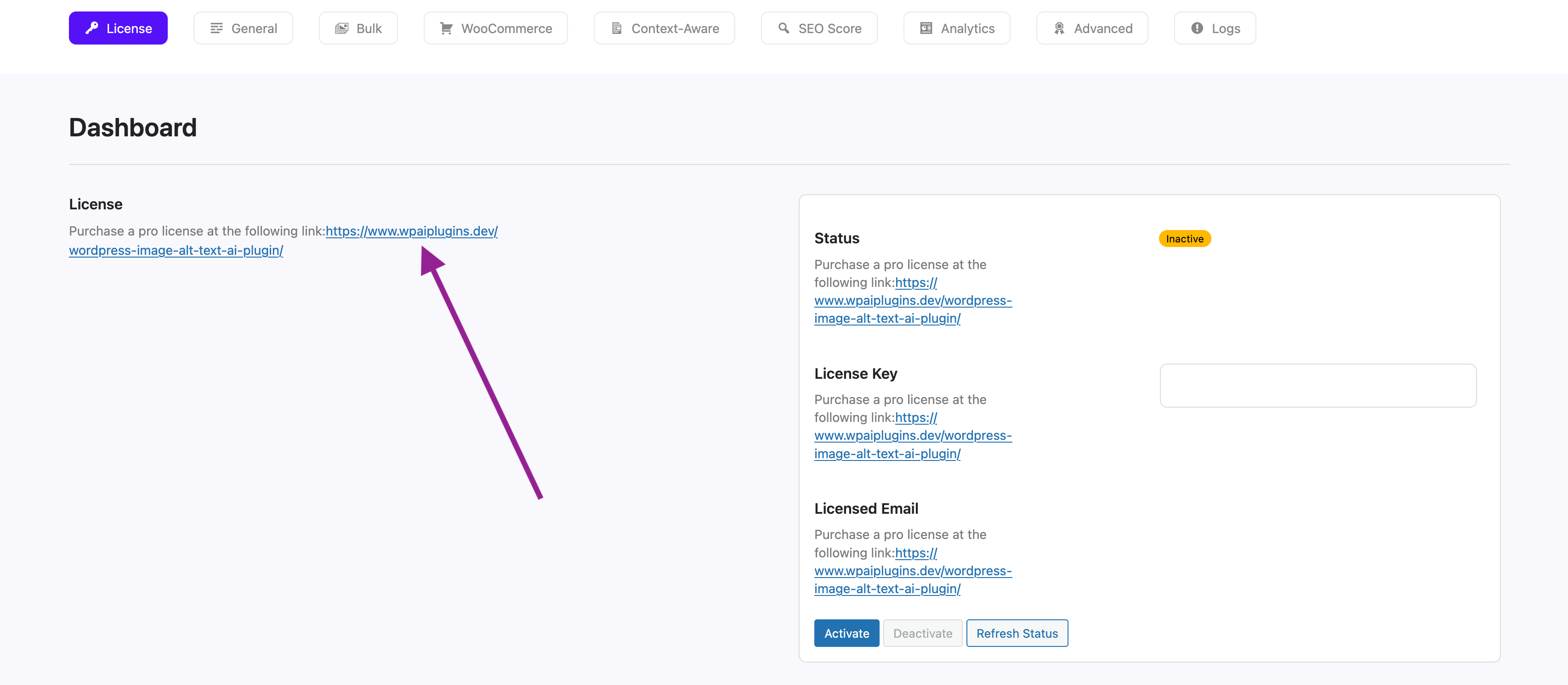 Screenshot of link to the buy the pro version of the plugin