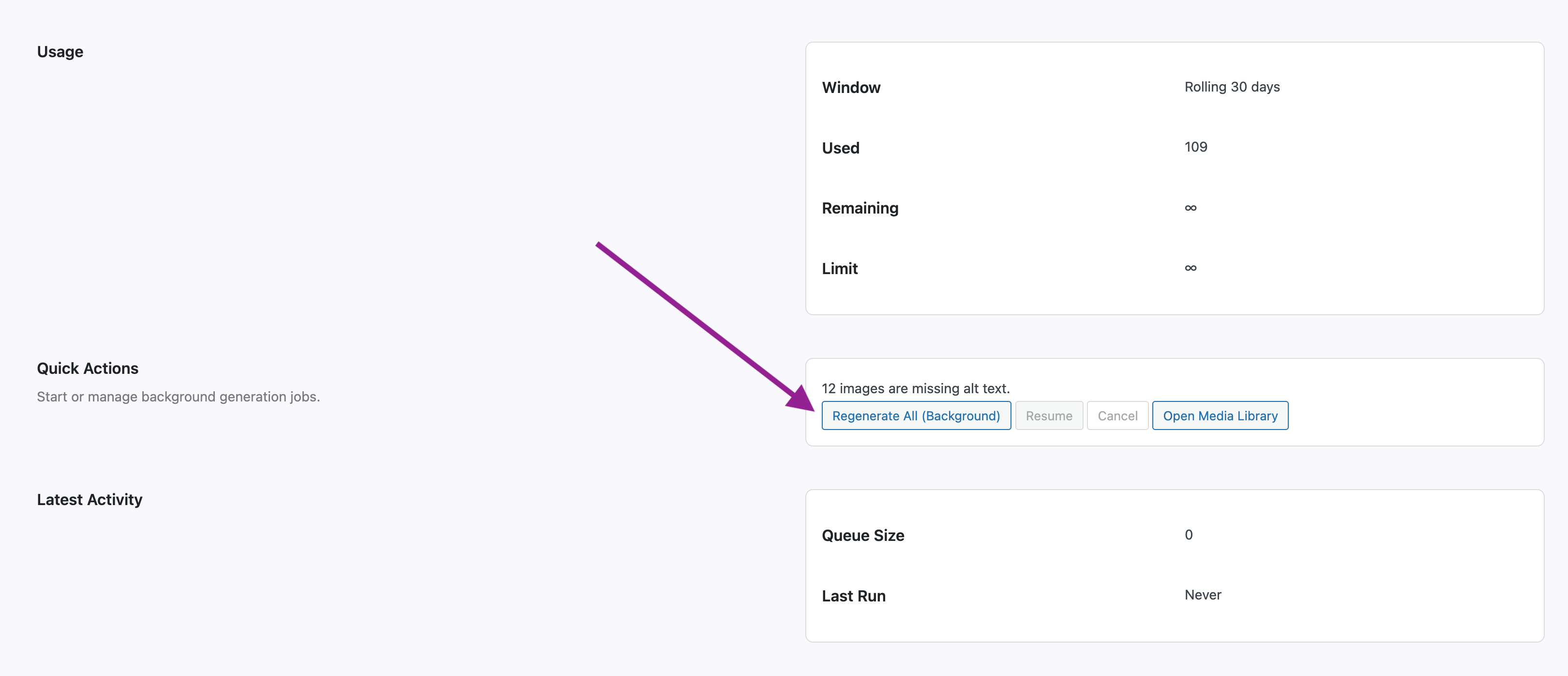 Screenshot of the Quick Actions menu on the License settings page