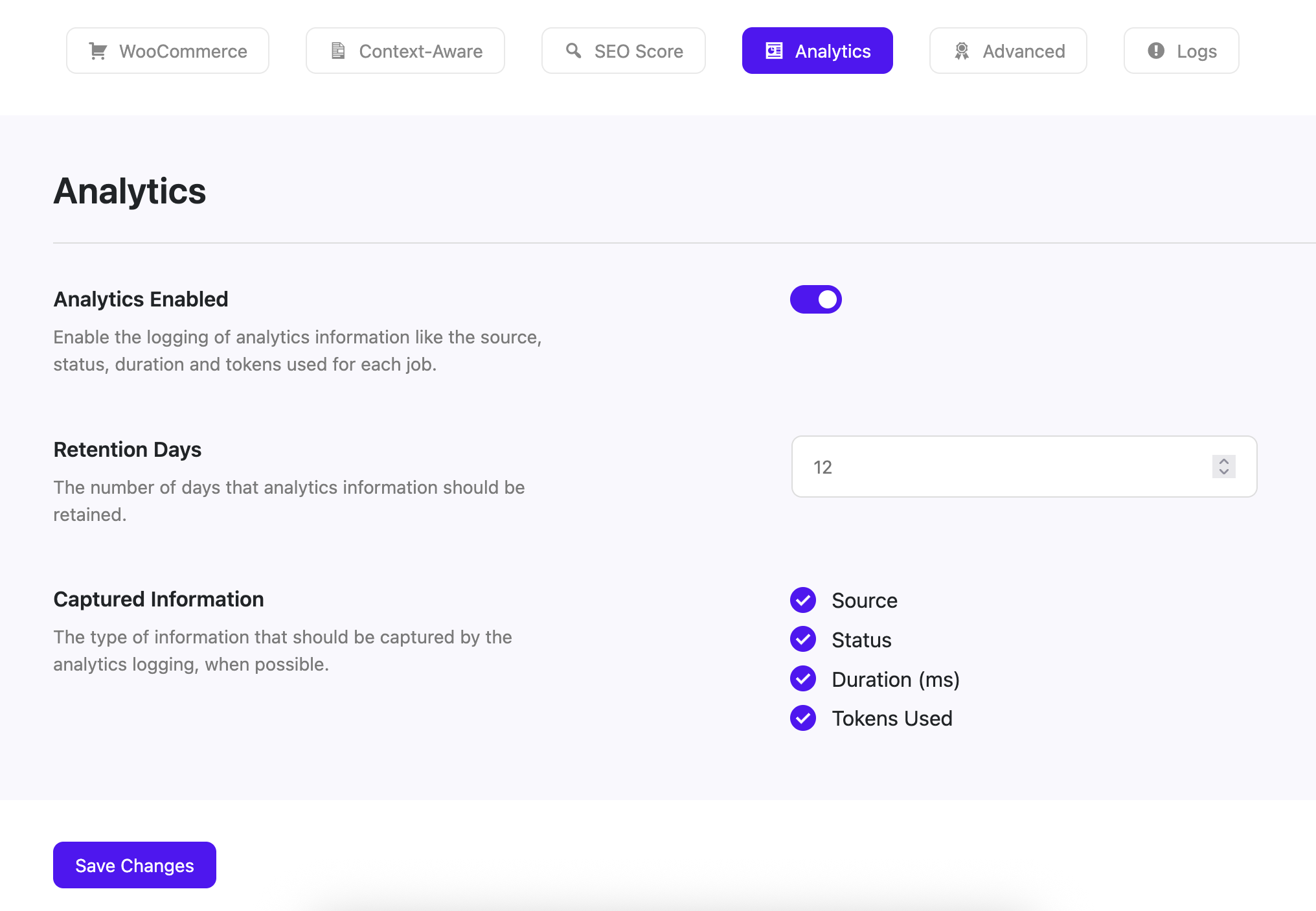 Screenshot of the analytics settings page