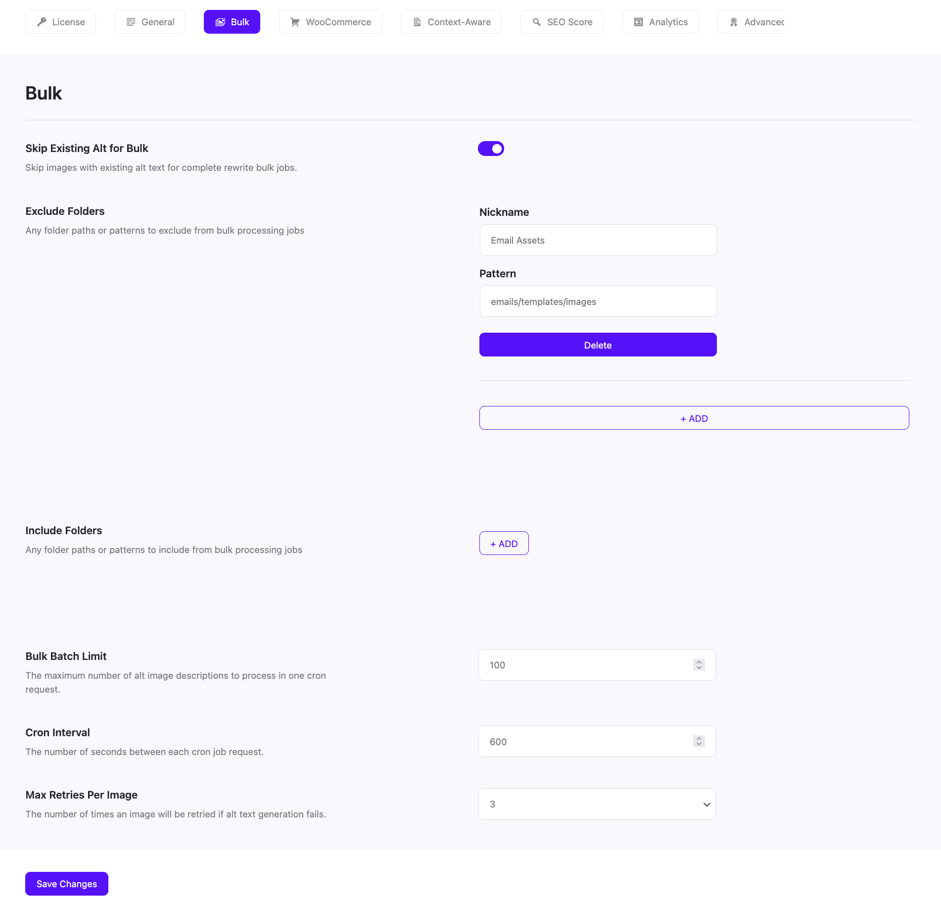 Screenshot of the Bulk settings page