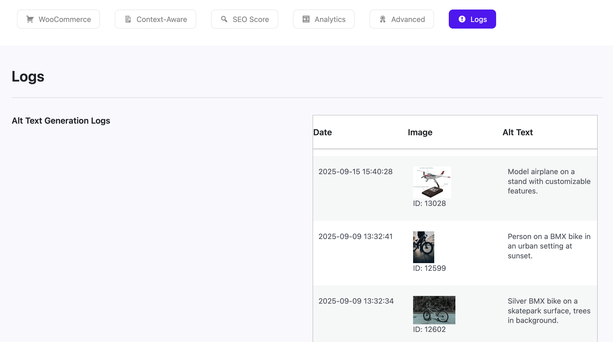 Screenshot of plugin logs
