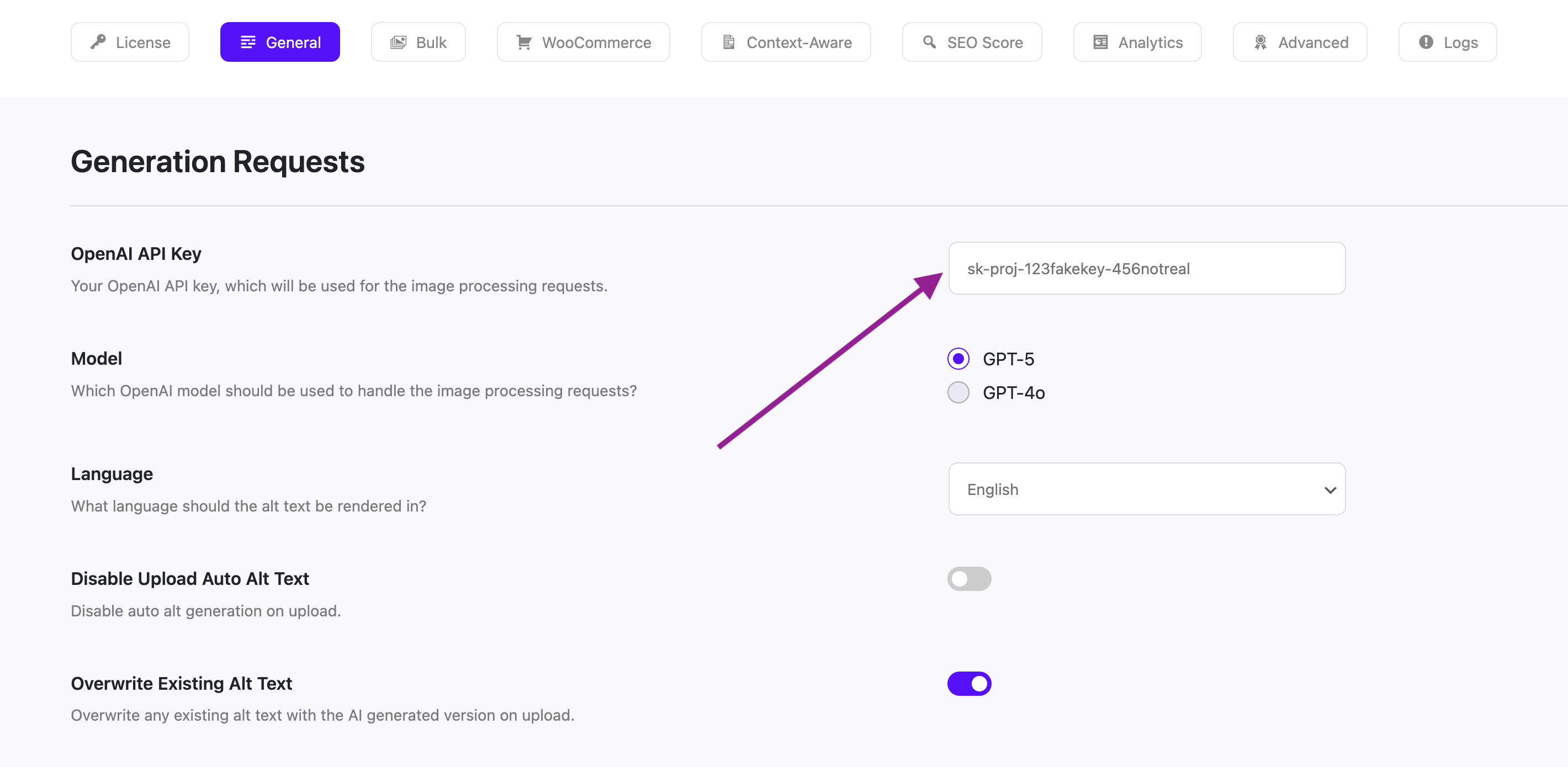 Screenshot of adding OpenAI key in plugin settings.