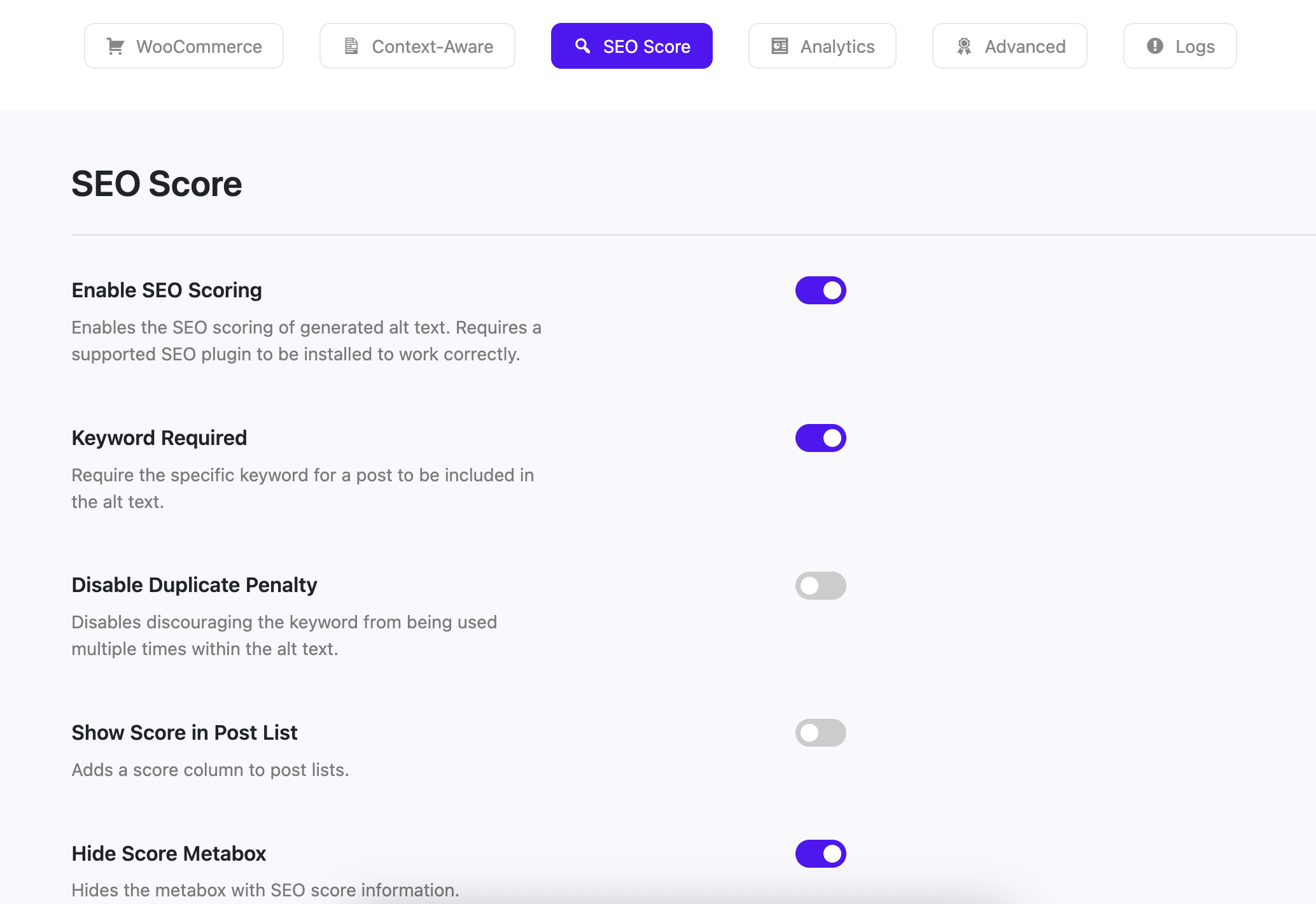 Screenshot of the SEO score settings page