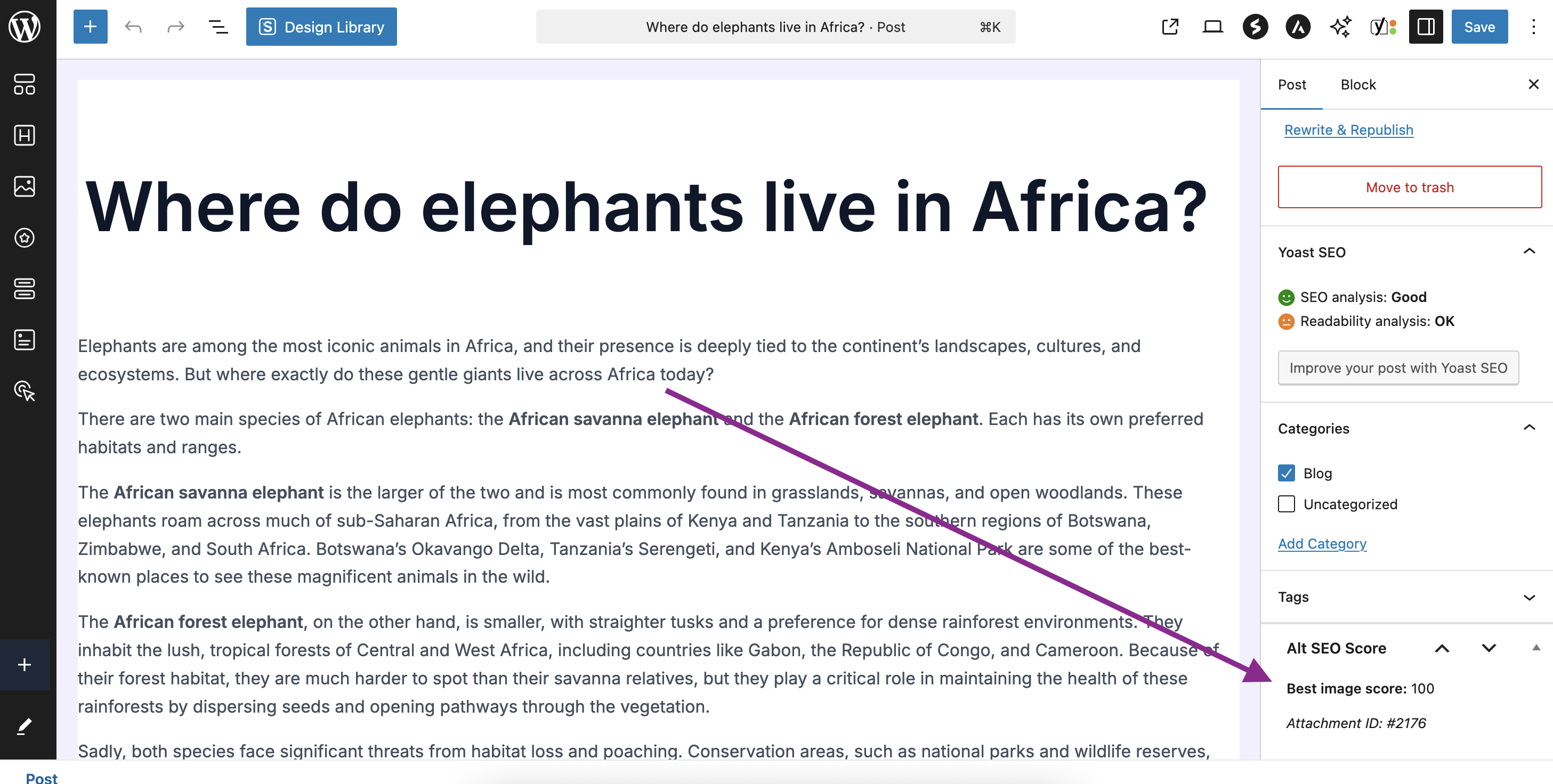 Screenshot of the SEO score on post edit screen