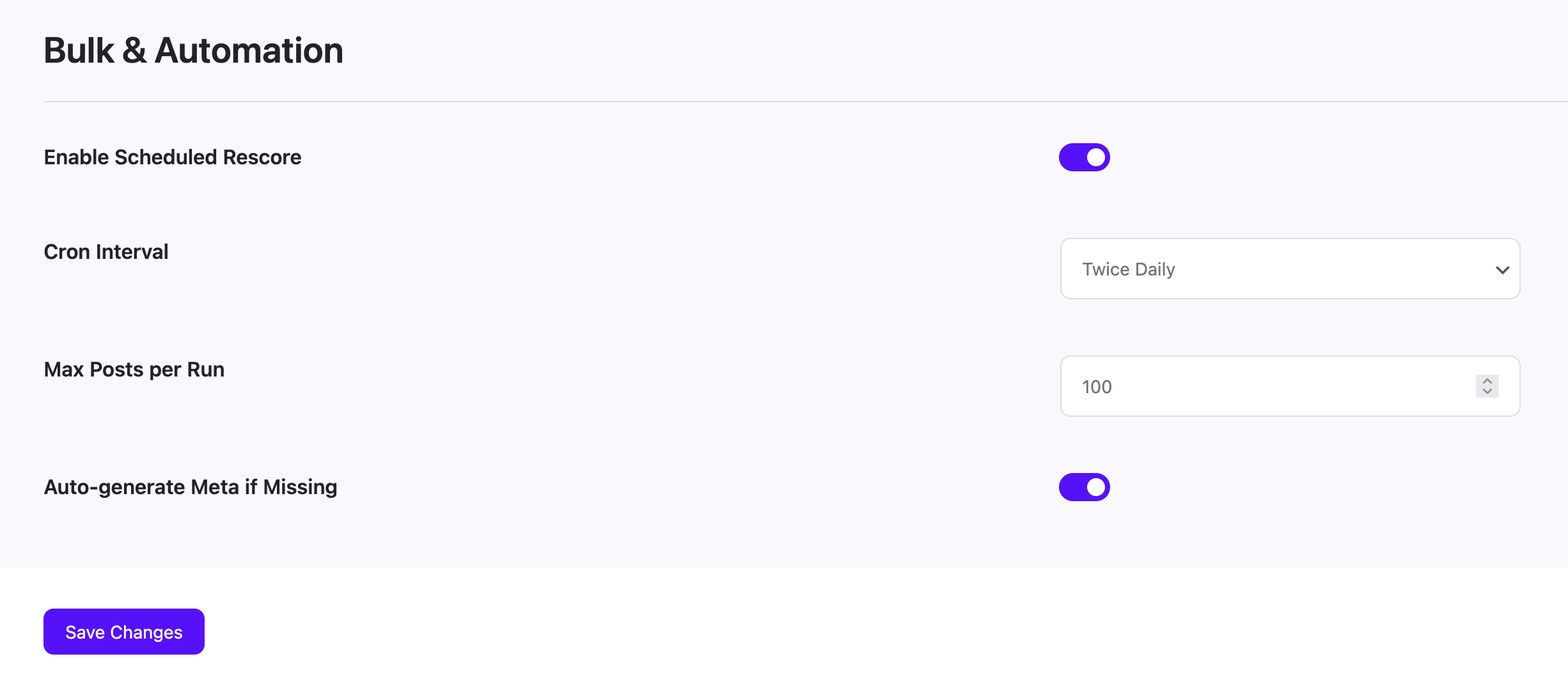 Screenshot of bulk settings page