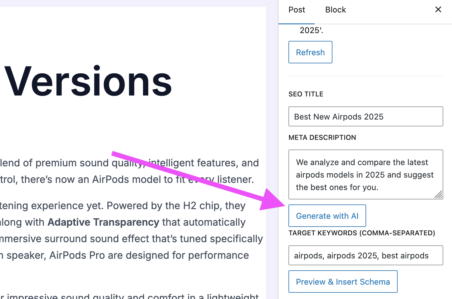 Screenshot of post edit screen