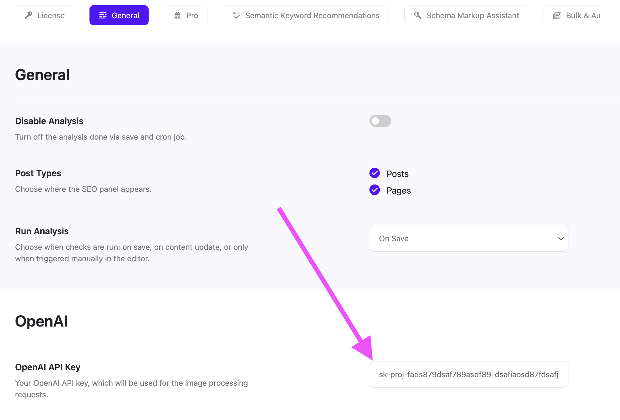 Screenshot of adding OpenAI key in plugin settings.