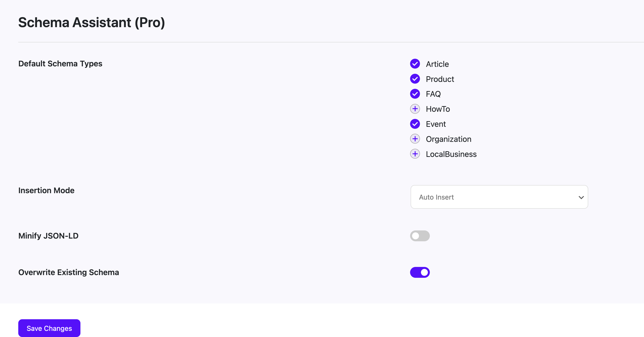 Screenshot of schema settings