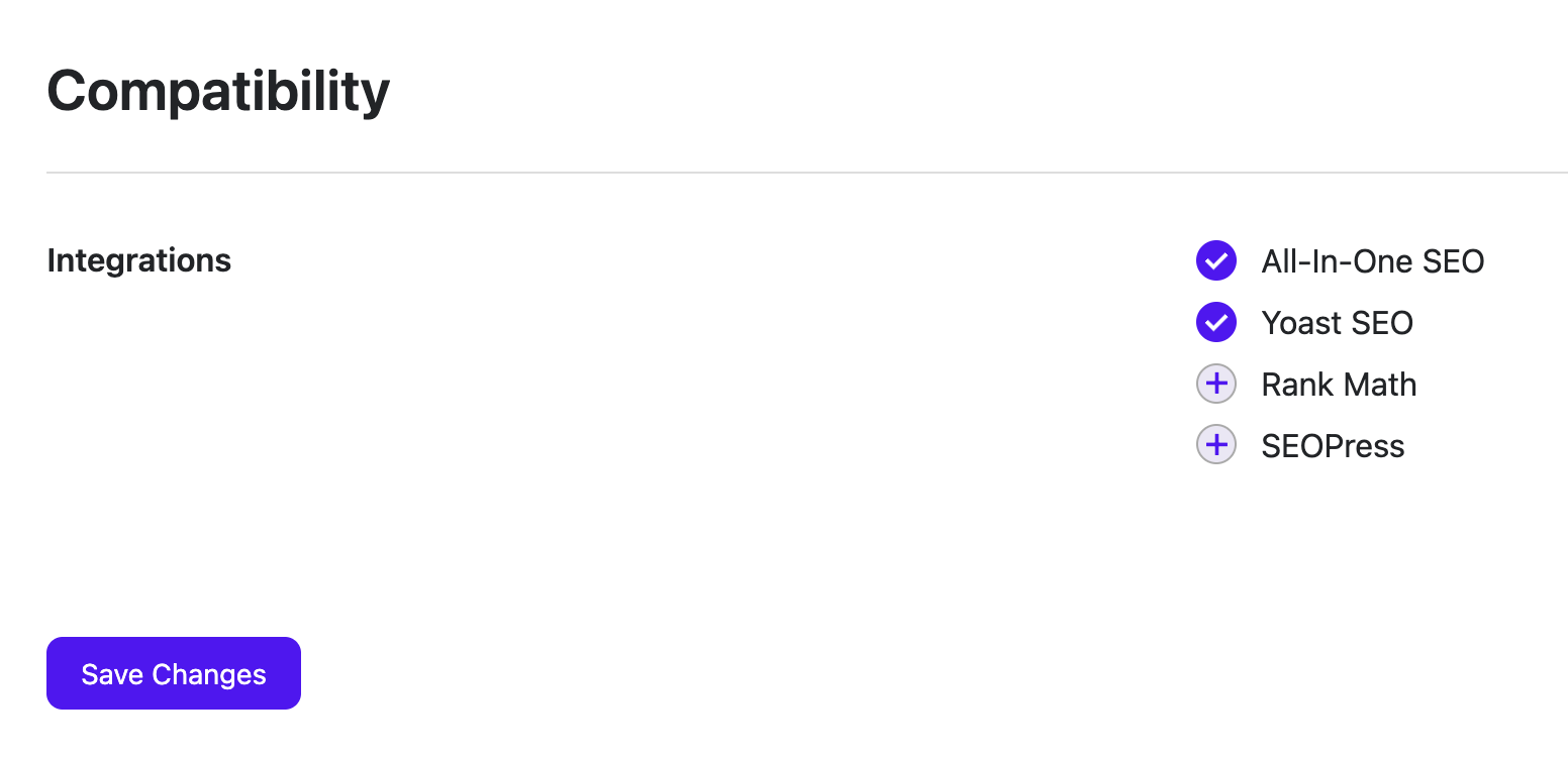 Screenshot of setting to select which third-party SEO plugins to integrate with.
